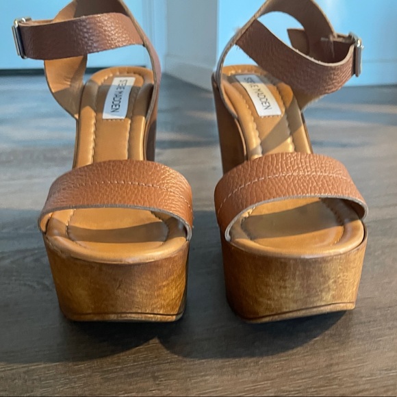 Steve Madden 6.5 / 37 Belma Tan Leather Wood Wedge platform sandal cognac brown - Picture 9 of 15